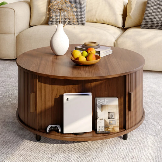 Fluted Wood Round Storage Coffee Table