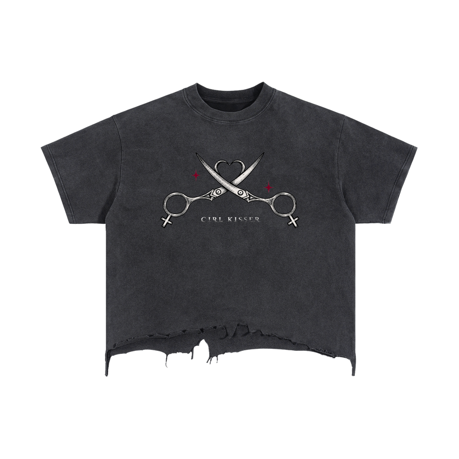 Girl Kisser 🖤  Vintage Wash Boxy Distressed Hem T-Shirt