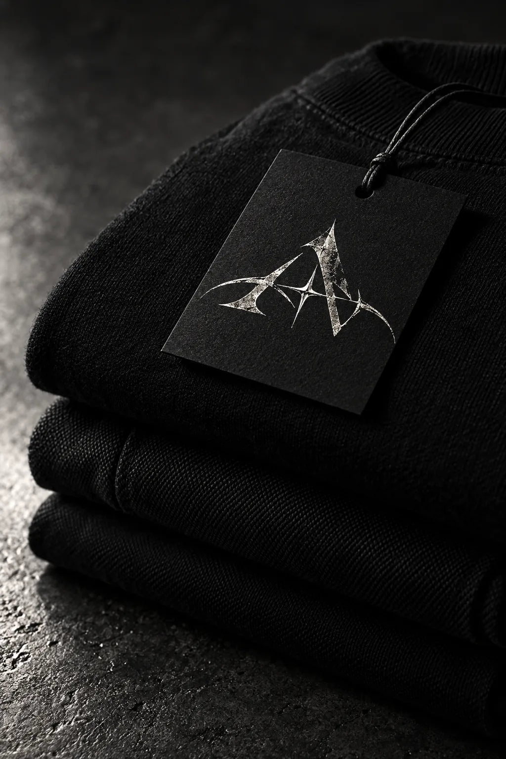 Stack of folded black Arivizo garments with a foil-stamped monogram hangtag